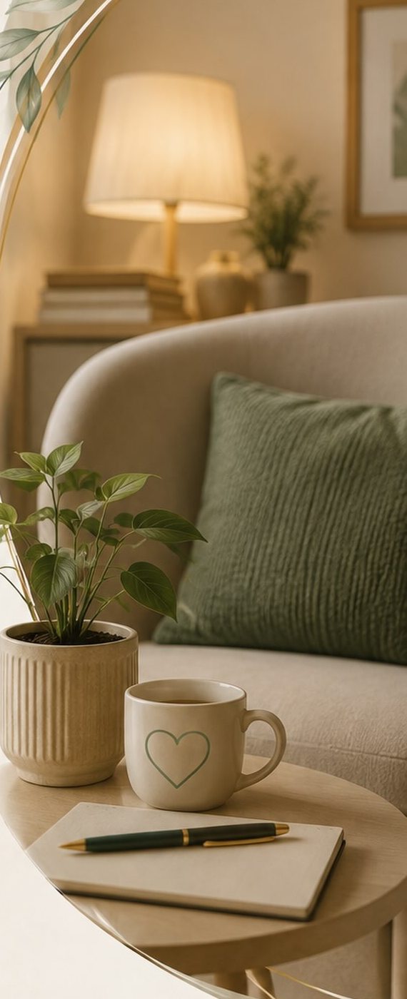 Ambiente acolhedor de consultório com poltrona, planta e luminária